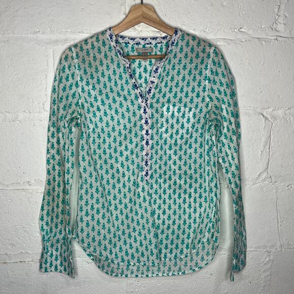 J. Crew Women's Teal Blue White Cotton Thistle Print Popover Size Small - Picture 1 of 6